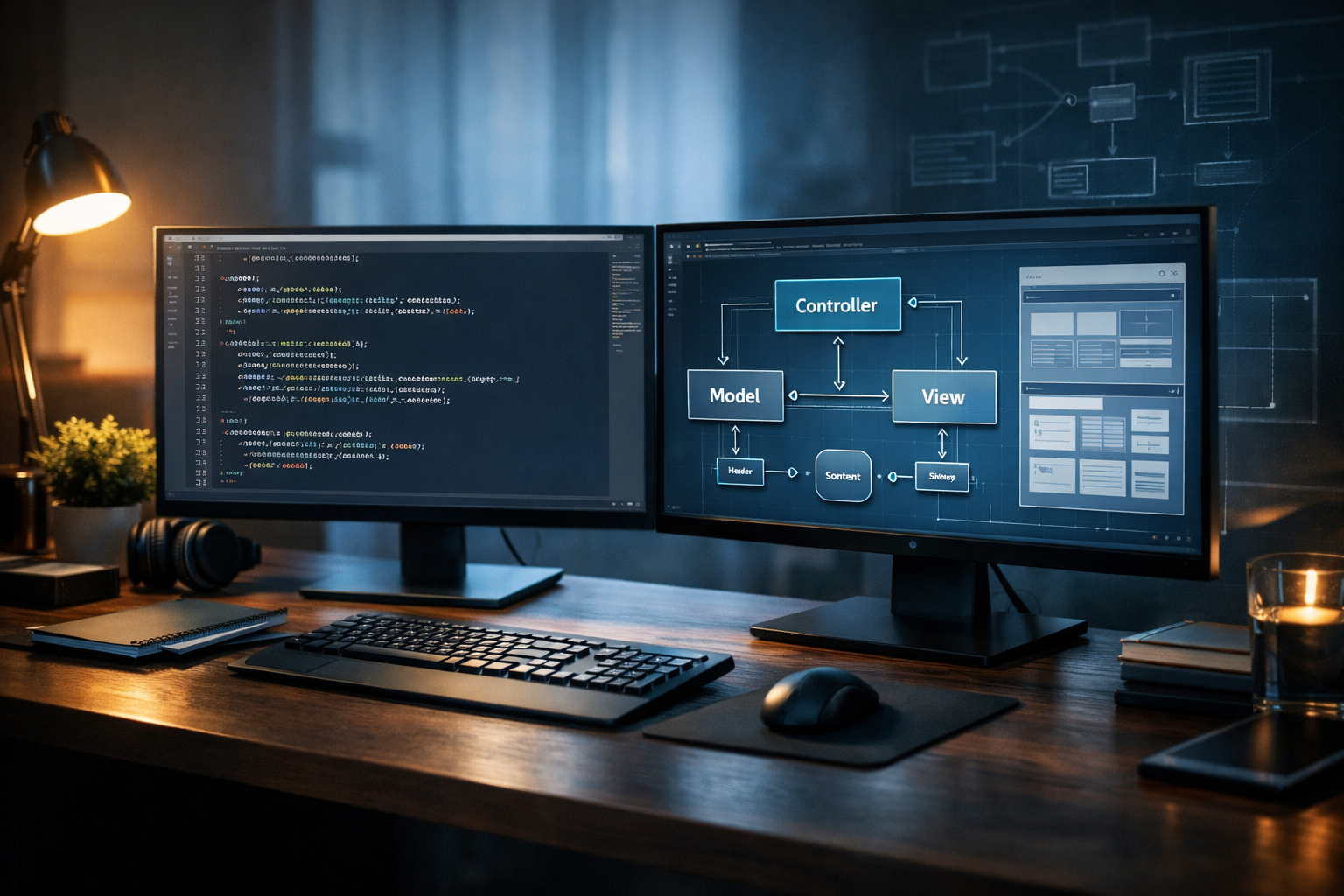 Modern software developer workspace showing custom PHP MVC framework concepts